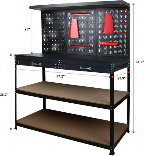 Vista 2 de Prostormer Banco de trabajo resistente de 47.25 pulgadas con tablero de clavijas, ganchos y cajones, mesa de trabajo de garaje resistente