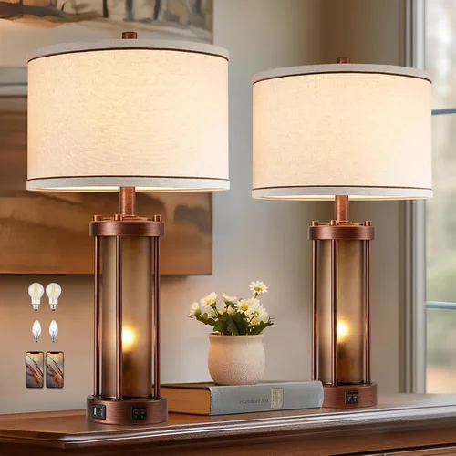 Vista 14 de Lámparas de mesa modernas para sala de estar, lámparas industriales de mesita con 2 puertos USB, lámpara rústica de mesita con luz nocturna