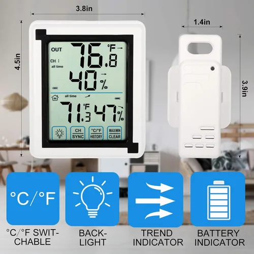 Vista 3 de Termómetro para interiores y exteriores, monitor de humedad, higrómetro digital inalámbrico con retroiluminación LCD de pantalla táctil, resistente