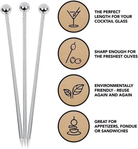 Vista 2 de Paquete de 45 palillos de cóctel de acero inoxidable para martini