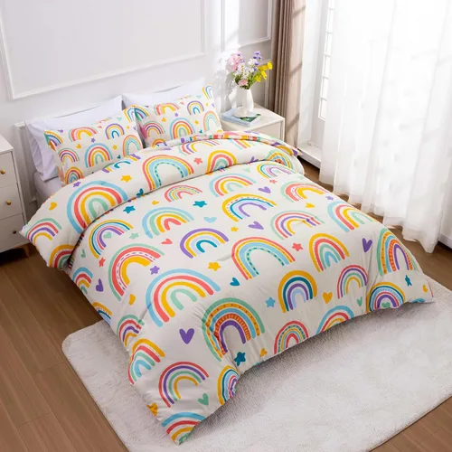Vista 3 de Btargot Juego de edredón de 3 piezas para niños con 2 fundas de almohada, corazones de amor de dibujos animados, soles y estrellas, juego de ropa