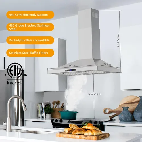 Vista 2 de FIREGAS Range Hood 30 inch Wall Mount,450 CFM Ducted/Ductless Range Hood with Stainless Steel,Stove Hood Vent for Kitchen with 3 Speed Fan,Permanent