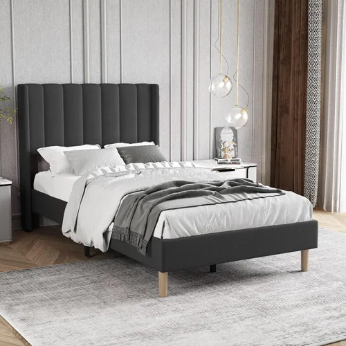 Vista 83 de Zoophyter Base de cama tapizada de plataforma tamaño King con cabecero, listones de madera fuertes, no necesita somier, fácil montaje, lino blanco