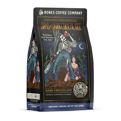 Bones Coffee Company Army of the Dark Café con sabor a chocolate, granos arábica de tostado medio bajo en ácido, para cafetera de goteo automático y