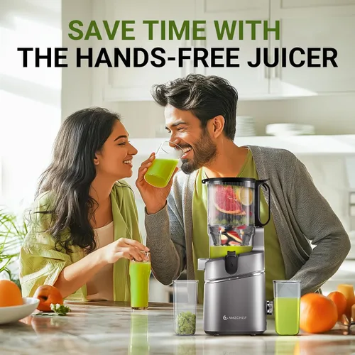 Vista 8 de AMZCHEF Máquinas Exprimidoras, 5.8" Extra Exprimidor de Prensado en Frío con Autoalimentación para Verduras y Frutas Enteras, Máquina Extractora