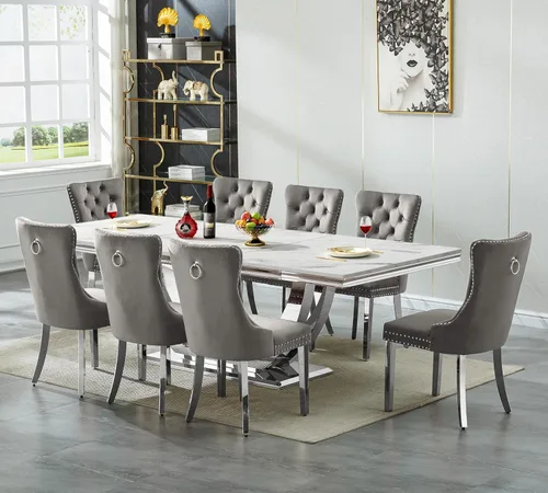 Vista 54 de Mesa de comedor blanca de 68 pulgadas para 4-6, mesa de cocina rectangular moderna con mesa de mármol sintético y base de acero inoxidable plateado