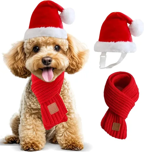 Juego de gorro y bufanda de Navidad para perros pequeños, cachorros, gatos, 2 piezas de sombrero de Santa ajustable y bufanda de punto, disfraz de
