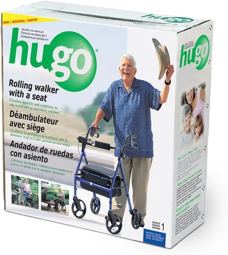 Vista 4 de Hugo Mobility Portable Rollator Walker with Seat, Backrest and 8 Inch Wheels, Blue