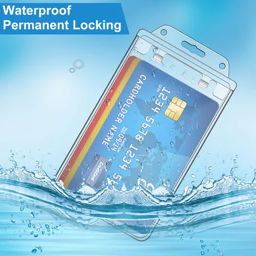 Vista 4 de Tinlade Paquete de 10 portatarjetas de plástico duro con bloqueo permanente, soporte vertical transparente para tarjetas de identificación, funda