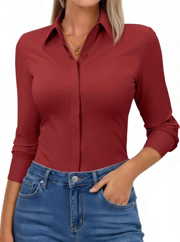 Vista 6 de Camisas con botones para mujer, ajustadas, de manga larga, elásticas, de vestir, camisa de trabajo, sin arrugas, blusa de oficina