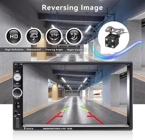 Vista 6 de CAMECHO 7" Double Din Car Stereo Audio Bluetooth MP5 Player USB FM Multimedia Radio+ 4 LED Mini Backup Camera with Steering Wheel Remote Support