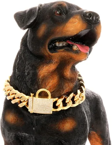 Vista 4 de Collar de perro de oro de 0.748 in, acero inoxidable con cierre de circonita, cadena de eslabones cubanos de oro de 18 quilates, collar de cadena