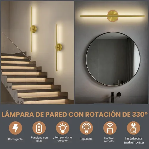 Vista 3 de TONYFUL Juego de 2 apliques de pared con pilas, lámpara de pared recargable con bombillas regulables de 6000 mAh y control remoto, luces LED
