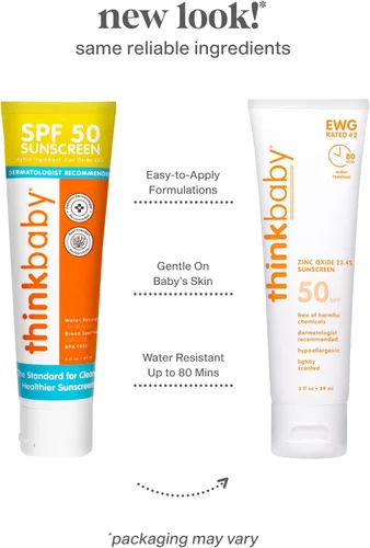 Vista 3 de Think Baby SPF 50+ Protector solar mineral para bebés - Protector solar seguro y natural para bebés - Crema solar resistente al agua - Protección