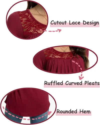 Vista 4 de BISHUIGE Blusa de manga corta para mujer, estilo casual, holgada, con panel de encaje, plisada