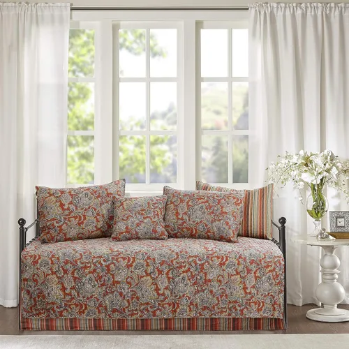 Cozy Line - Juego de cama de 6 piezas, ropa de cama reversible de algodón reversible con falda de cama, fundas a juego, almohada decorativa