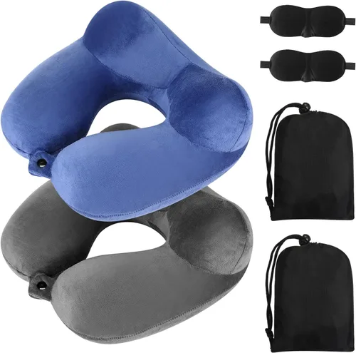 Vista 17 de Sintuff Paquete de 2 Almohadas de Viaje Inflables para Aviones Almohadas de Vuelo Inflables para el Cuello con Bolsa Compacta y Antifaz para Viajar