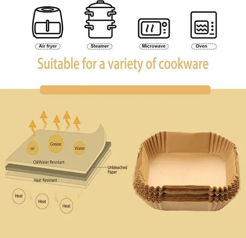 Vista 5 de Forros de papel para freidora de aire, 125 forros desechables antiadherentes, papel de hornear para freidora de aire, a prueba de aceite