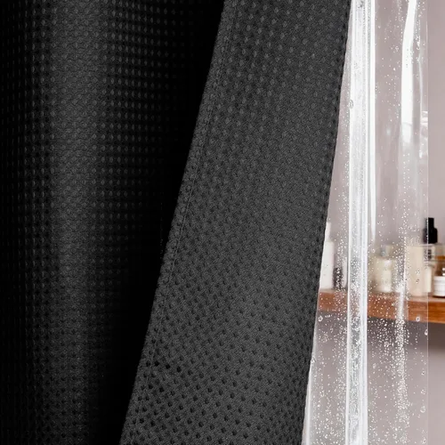 Vista 228 de Cortina de ducha de tela Dynamene verde oscuro - Cortinas de baño de tela de nido de abeja texturizadas resistentes, juego de cortinas de baño