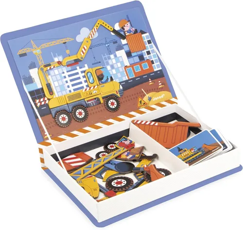 Janod - Libro Magnético Construcción Sitio de Vehículos - Juego Educativo Magnético 50 Imanes + 18 Modelos - Juguete de Cartón para Niños -