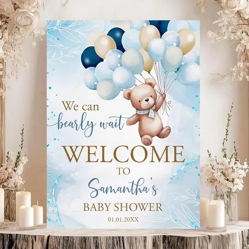 Vista 9 de Letrero de bienvenida con texto en inglés «We Can Bearly Wait Baby Show» para niño, tema de globo de oso de peluche azul