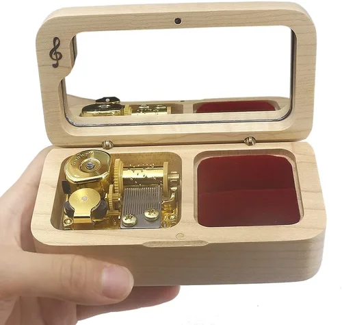 Vista 4 de SOFTALK Joyero de madera vintage para anillos musicales, regalos para propuestas, compromiso, boda, Navidad, cumpleaños, día de San Valentín