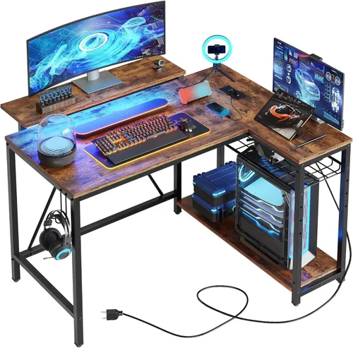 Vista 17 de Bestier - Escritorio de juegos con tomas de corriente, escritorio para computadora de 42 pulgadas en forma de L con luces LED, escritorio