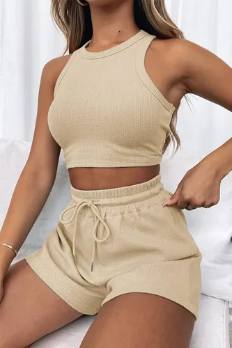 Vista 2 de AUTOMET Conjunto de 2 piezas para mujer conjunto de sudadera sin mangas con gofre y pantalones cortos con cordón conjunto deportivo de verano