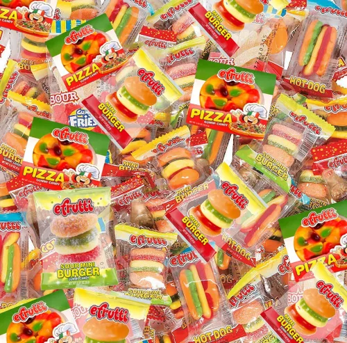 eFrutti - Paquete variado de gomitas de gomitas, gomitas agridulces con hamburguesas, mini hamburguesas, pizza y hot dog picante, gomitas de frutas