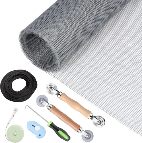 Vista 9 de Kit de reparación de mosquiteros de ventanas y puertas mosquitero, malla de fibra de vidrio color carbón de 48"x118" con herramienta