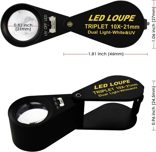 Vista 9 de 10 lupas para joyería, lupa LED UV de 0.827 in, lente de triplete, cristal óptico, herramienta de aumento de gemas de bolsillo, joyero, sello