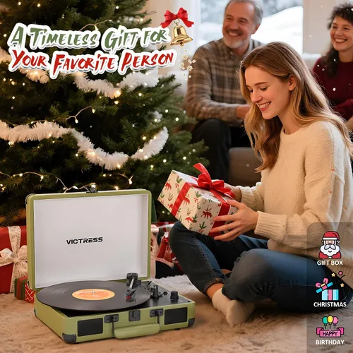 Vista 7 de Tocadiscos con altavoces, reproductor de discos de vinilo Bluetooth con grabación, reproductor LP portátil de maleta de 3 velocidades, tocadiscos