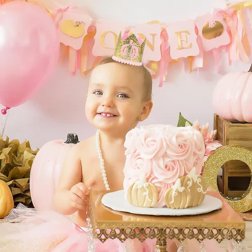 Vista 3 de Sombrero de corona de calabaza para niñas para cumpleaños, corona de primer cumpleaños de calabaza pequeña, decoraciones de cumpleaños con temática
