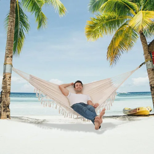 Vista 3 de Hamaca Colgante Columpio Doble Máximo 500 libras Macramé para Interiores y Exteriores, Patio, Jardín (Beige)