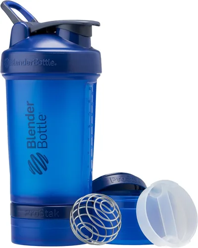 BlenderBottle - Botella mezcladora con organizador de pastillas y almacenamiento para polvo proteínico, sistema Classic V2 ProStak, 22 onzas, azul