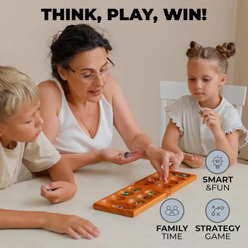 Vista 2 de Mancala - Juego de mesa con bloqueo magnético, juego plegable clásico para 2 jugadores, juego de mancala de madera con 56 guijarros de cristal