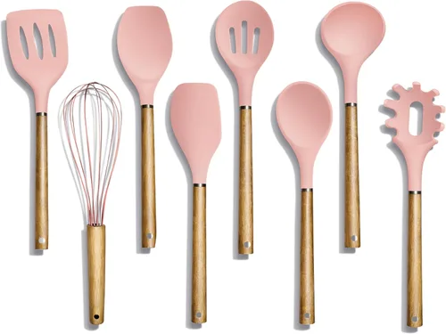 Vista 32 de Country Kitchen Juego de utensilios de silicona antiadherente con asas redondeadas de madera para cocinar y hornear, juego de 8 piezas, caqui