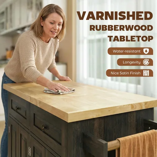 Vista 3 de HOMCOM Carrito de Isla de Cocina con Superficie de Madera de Caucho, Mesa de Isla de Cocina Rodante sobre Ruedas con Cajones, Estantes Ajustables