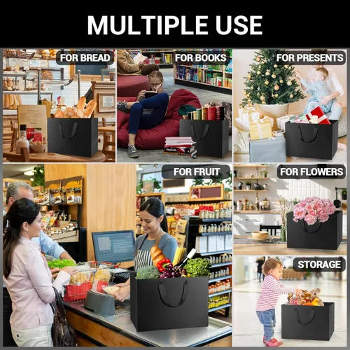 Vista 4 de EUSOAR Bolsas de regalo grandes con asas, paquete de 3 bolsas de papel de compras negras resistentes de 16 x 6 x 12 pulgadas con asas, bolsa