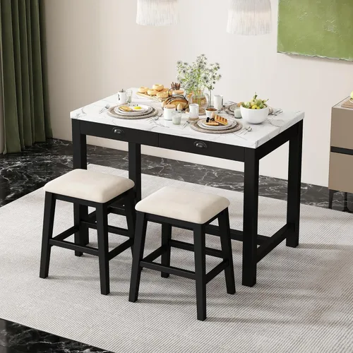 Vista 39 de Juego de mesa de comedor de 3 piezas con altura de mostrador, juego de comedor de madera maciza con 2 taburetes tapizados, mesa de comedor
