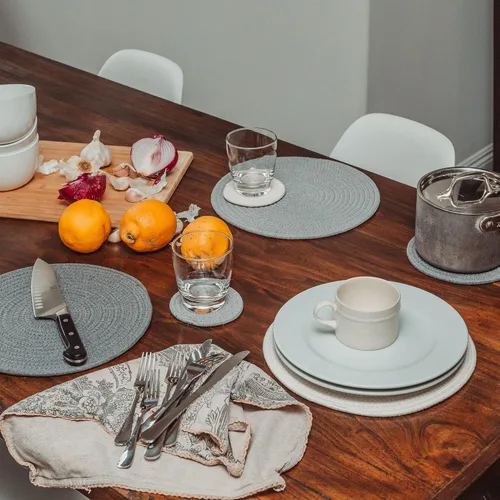 Vista 7 de OrganiHaus Juego de 6 posavasos de algodón absorbente, decoración rústica de estilo bohemio para mesa de café y protección de bebidas, posavasos