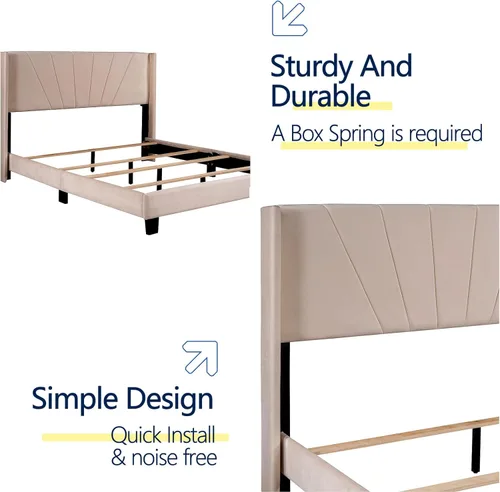 Vista 4 de Base de cama de plataforma tamaño Queen con cabecera tapizada de terciopelo y soporte de listones de madera, cama y cabecera tamaño Queen, no Beige