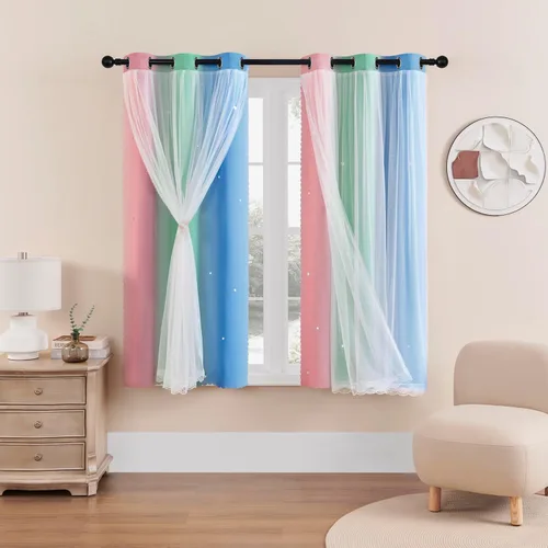 Vista 70 de XiDi Cortinas rosas y grises para dormitorio de niñas, calcomanías de pared de unicornio, cortina verde, cortinas de oscurecimiento de habitación