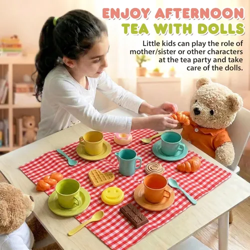 Vista 5 de HERSITY Cesta de pícnic, juguetes para niños pequeños, juegos de té con tetera, taza de té, postre, comida y alfombra, accesorios de cocina, juego