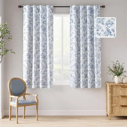 jinchan Cortinas Opacas Florales 95% de 63 Pulgadas de Largo, Cortina Opaca con Flores Impresas Azules para Dormitorio con Bolsillo para Varilla y