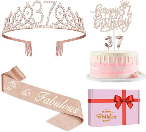 Vista 37 de Decoraciones de cumpleaños de 33 años para mujeres, incluyendo banda de cumpleaños, tiara/corona, velas numéricas y decoración de pastel, regalos