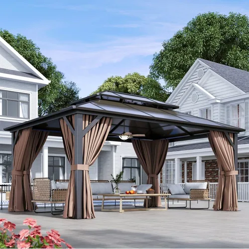 Vista 25 de Aoxun - Gazebo con techo rígido para jardines, patios con cemento o césped, pabellón permanente de policarbonato con doble techo, marco de aluminio