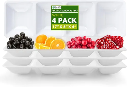 Vista 9 de Party Bargains Bandeja rectangular seccional desechable transparente (paquete de 8) de 5 x 16 pulgadas. Bandeja de plástico con 4 compartimentos