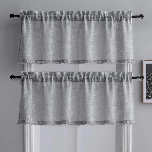 Vista 12 de Beda Home - Cenefas de lino texturizado con borlas para cocina de granjas; decoración rústica con filtro de luz para ventanas pequeñas, dormitorio