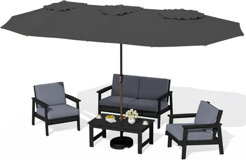 Vista 36 de SERWALL Sofá biplaza para patio al aire libre de HDPE, para todo tipo de clima, muebles de exterior de HDPE, marco negro y cojín gris